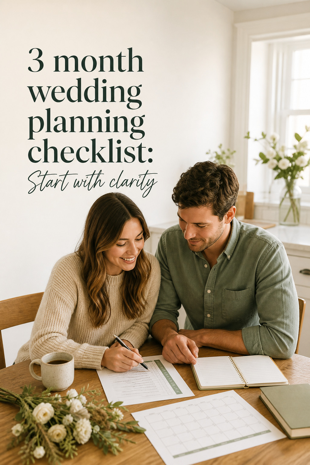 3 month wedding planning checklist budget workspace with calculator and contracts