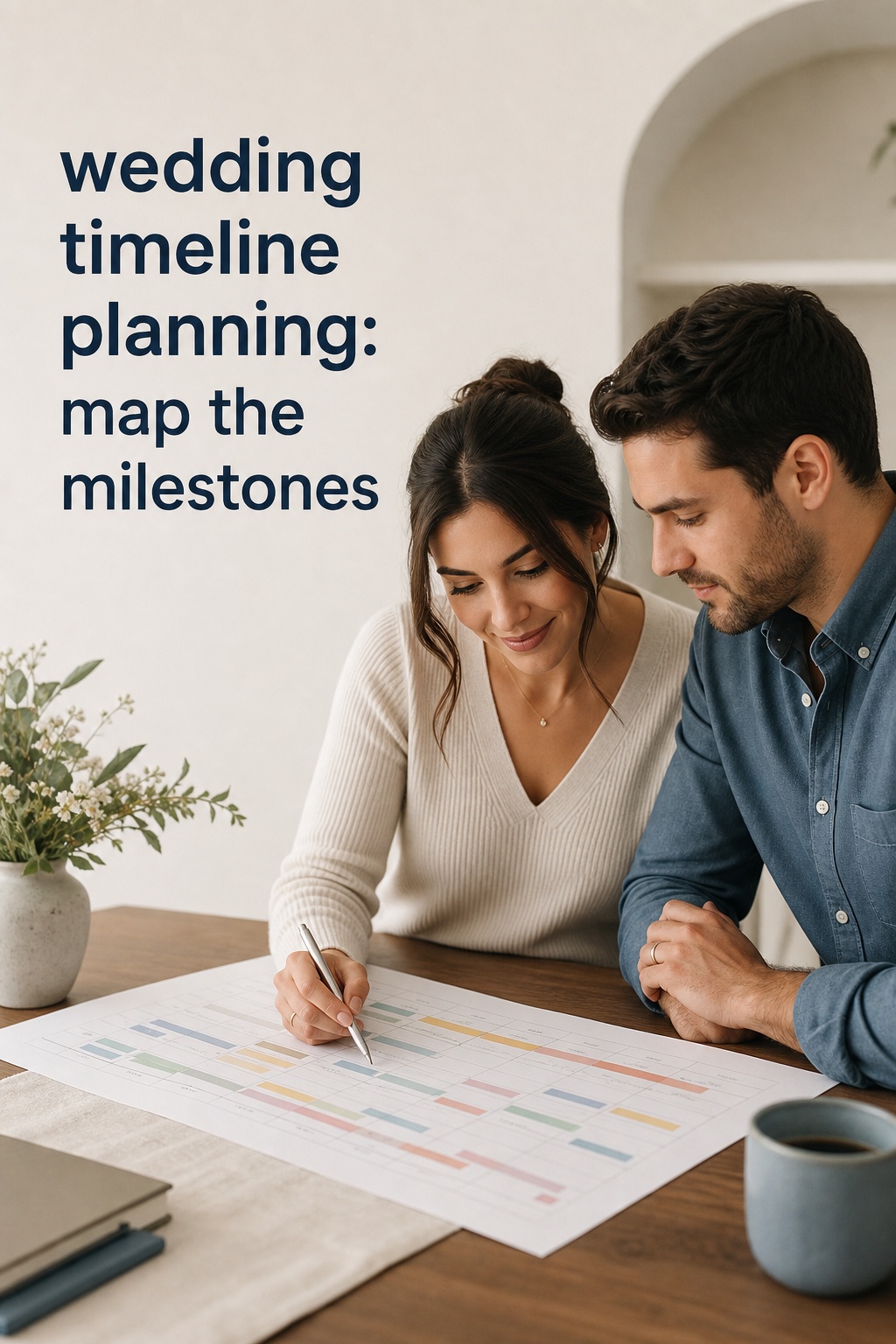 wedding timeline planning with engaged partners mapping colorful planning milestones