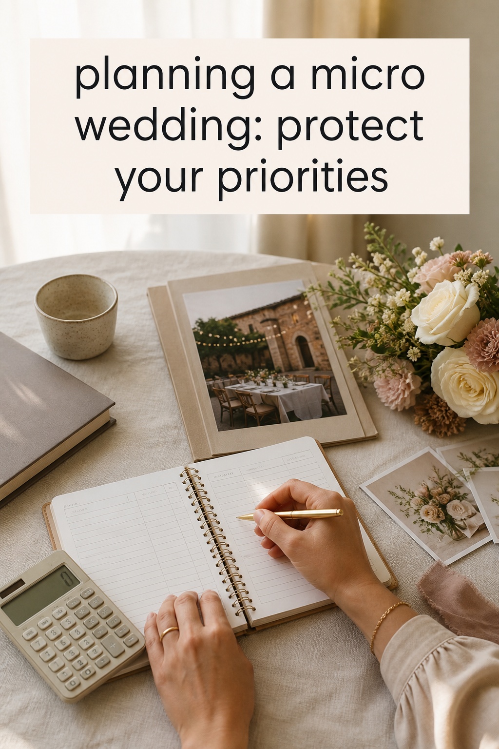 Planning a micro wedding budget with notebook and flowers