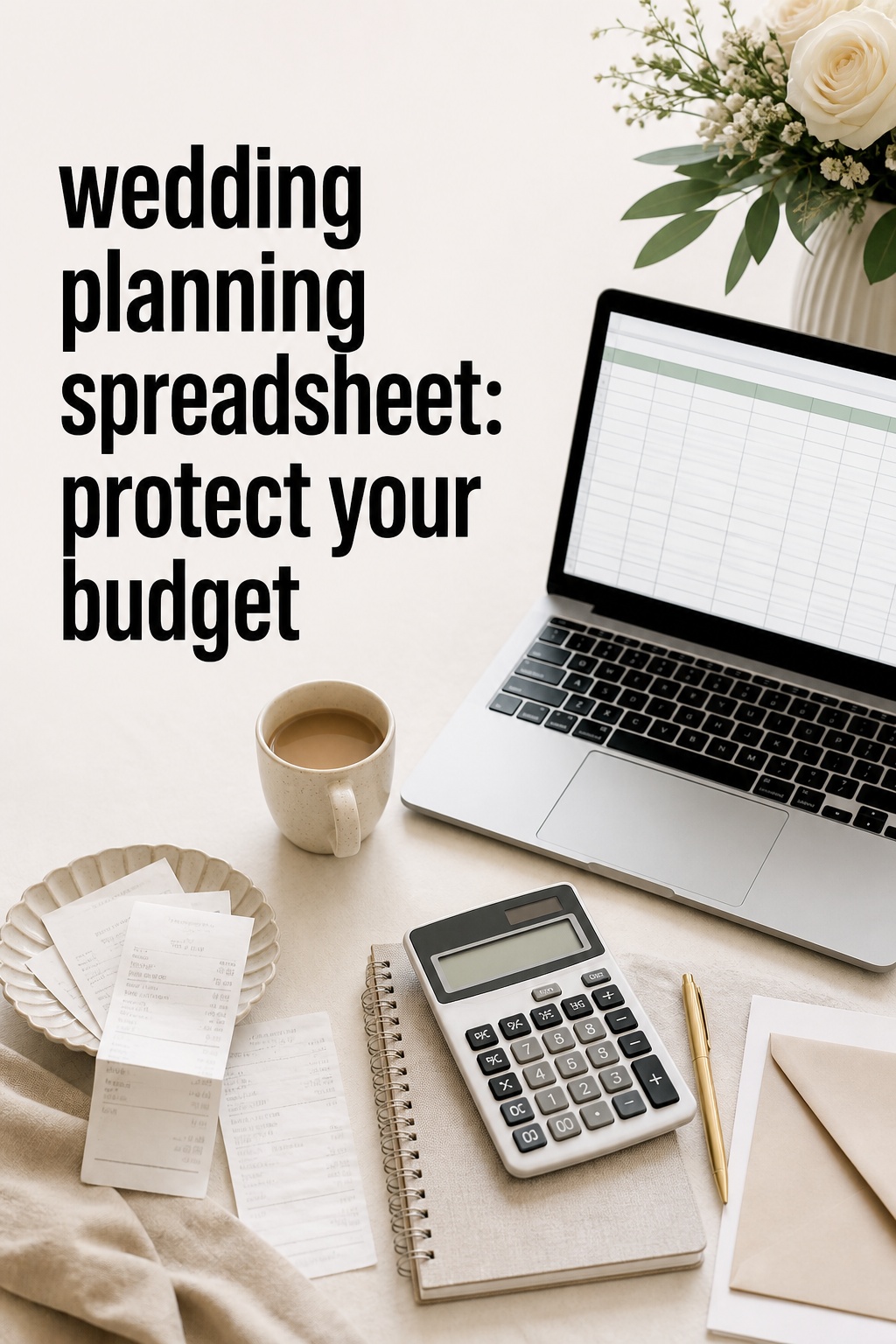 wedding planning spreadsheet budget workspace with calculator and receipts