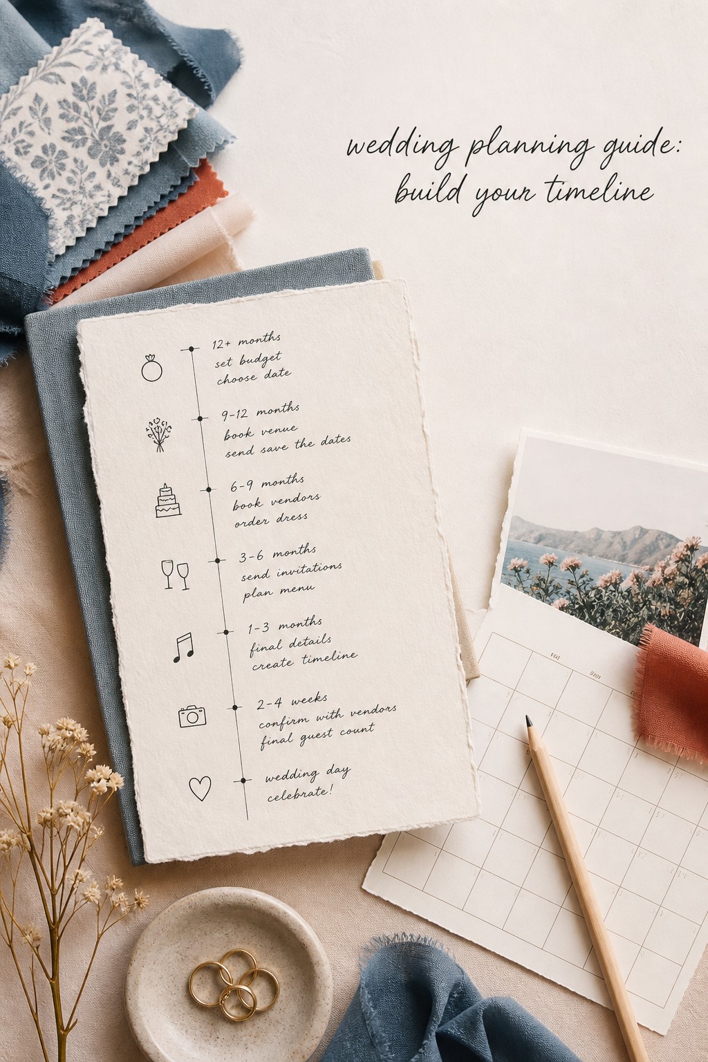wedding planning guide timeline flat lay with calendar and fabric swatches