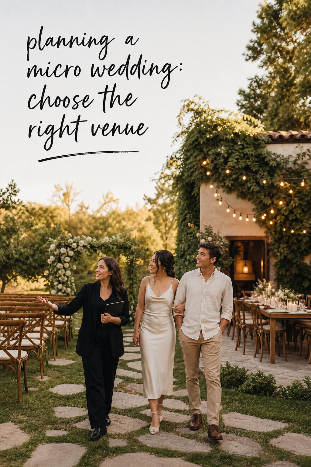 Planning a micro wedding venue tour with couple and planner