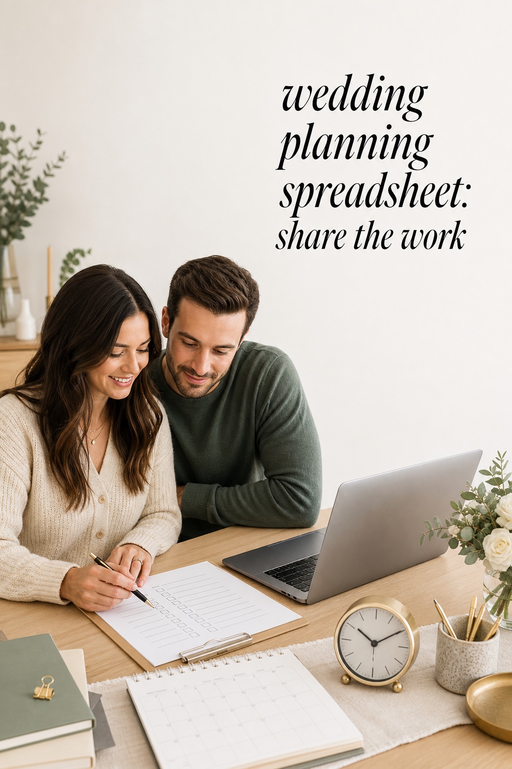 wedding planning spreadsheet with couple sharing checklist and calendar tasks