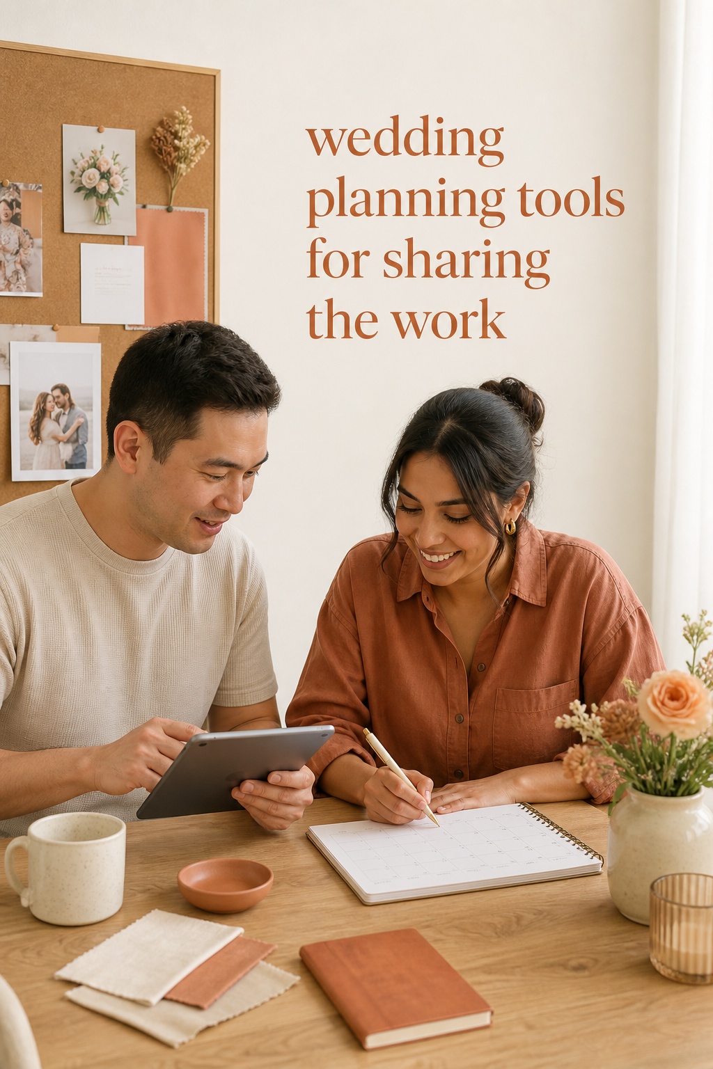 wedding planning tools for sharing the work with a couple using a tablet and calendar