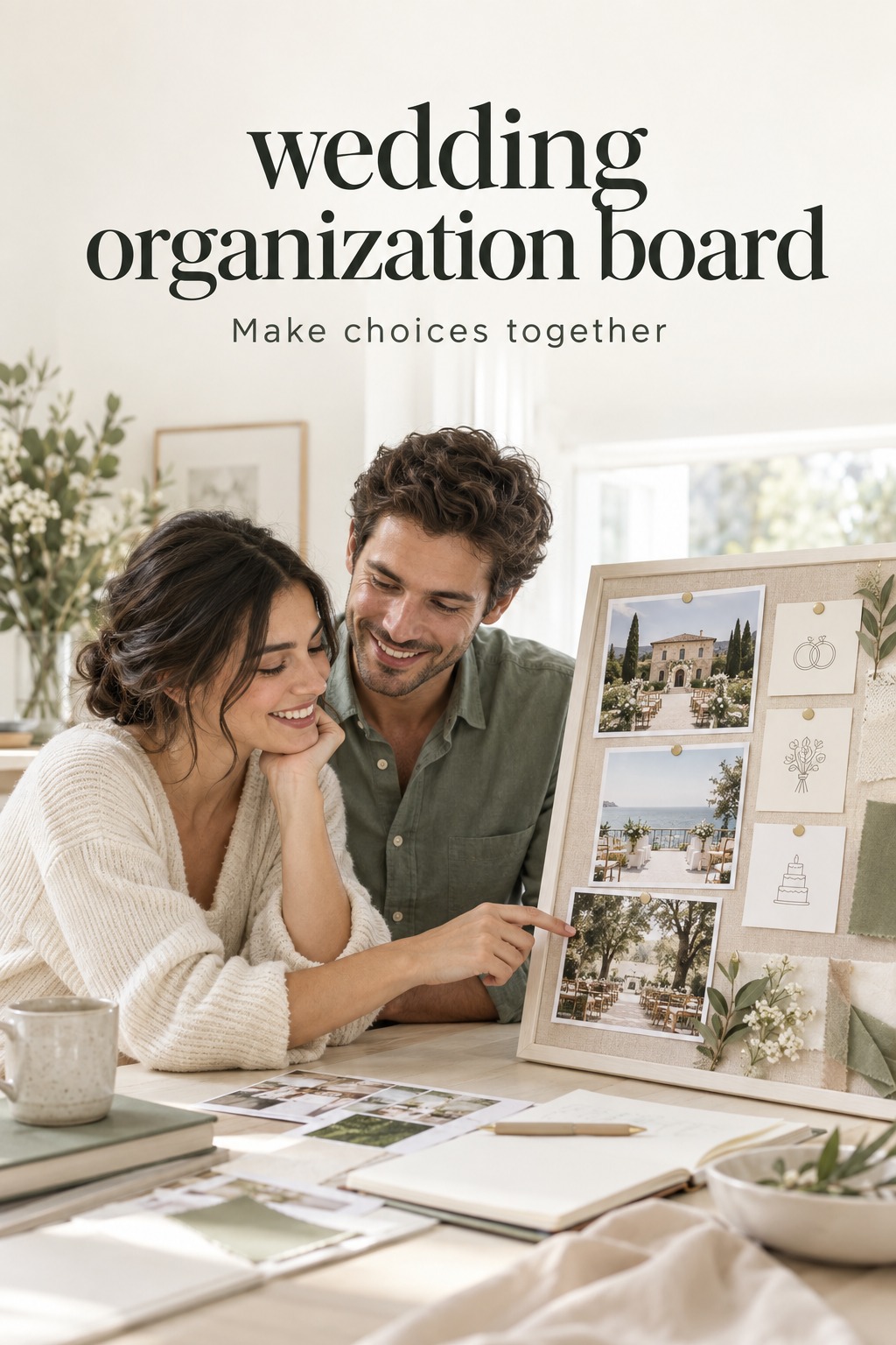 wedding organization board with a couple reviewing venue decision cards