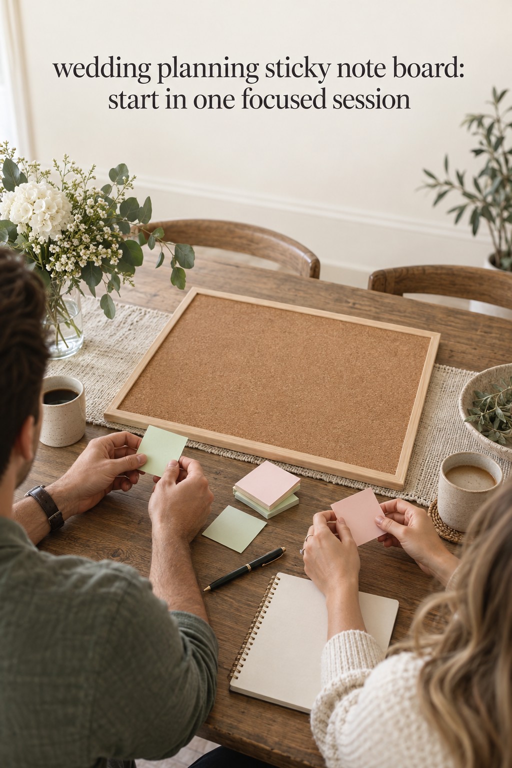 wedding planning sticky note board with a couple beginning a focused task session
