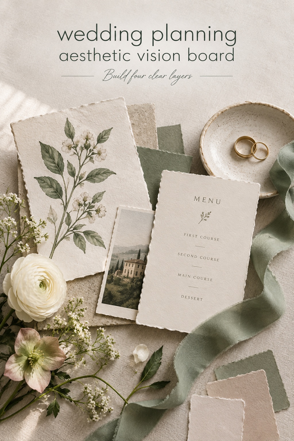 wedding planning aesthetic vision board with materials and flowers