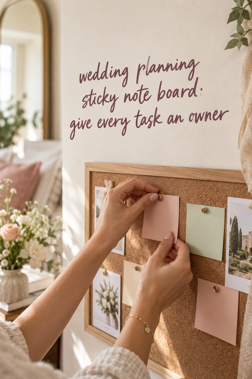 wedding planning sticky note board with task owner assignments and blank notes