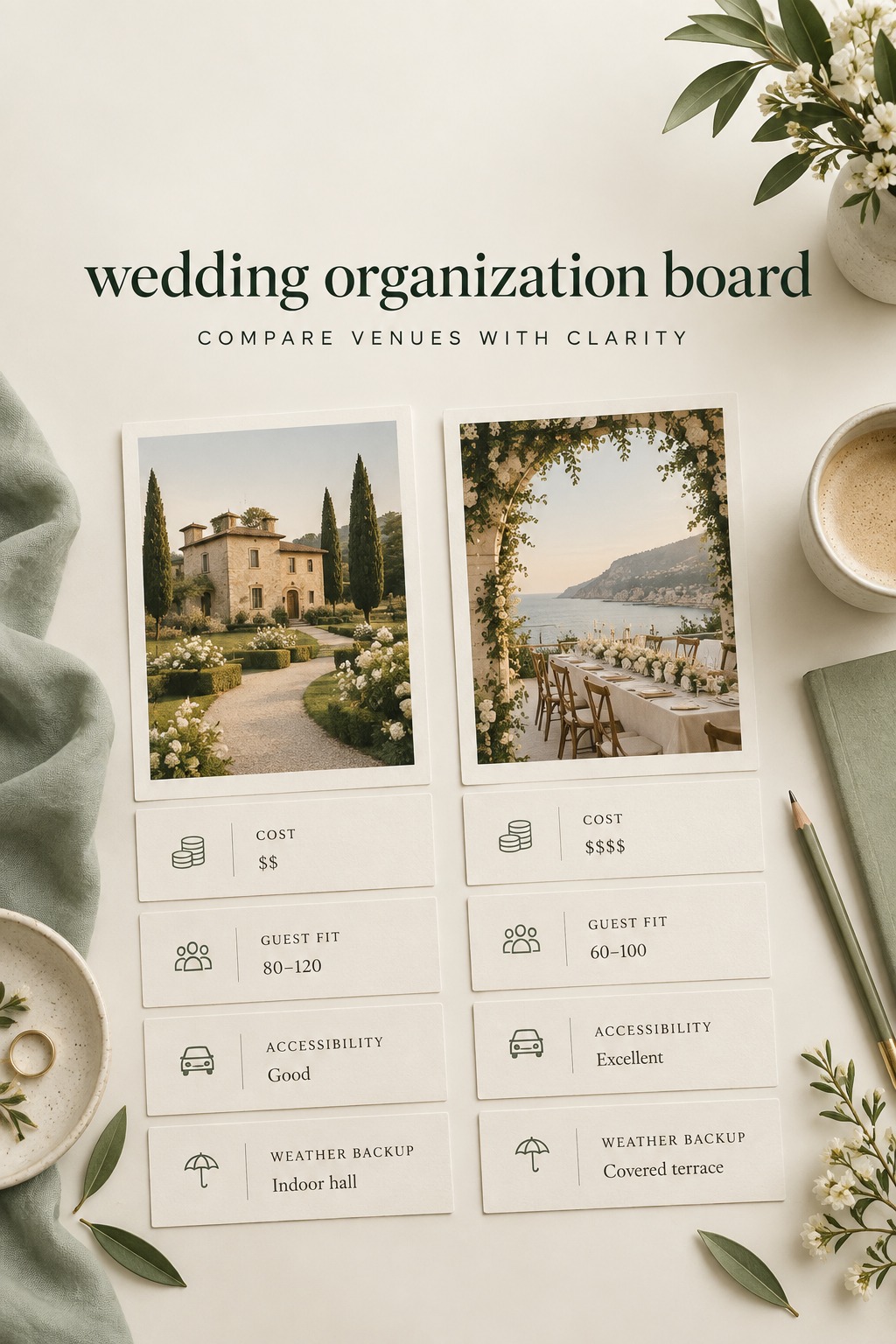 wedding organization board comparing venue cost guest fit and accessibility
