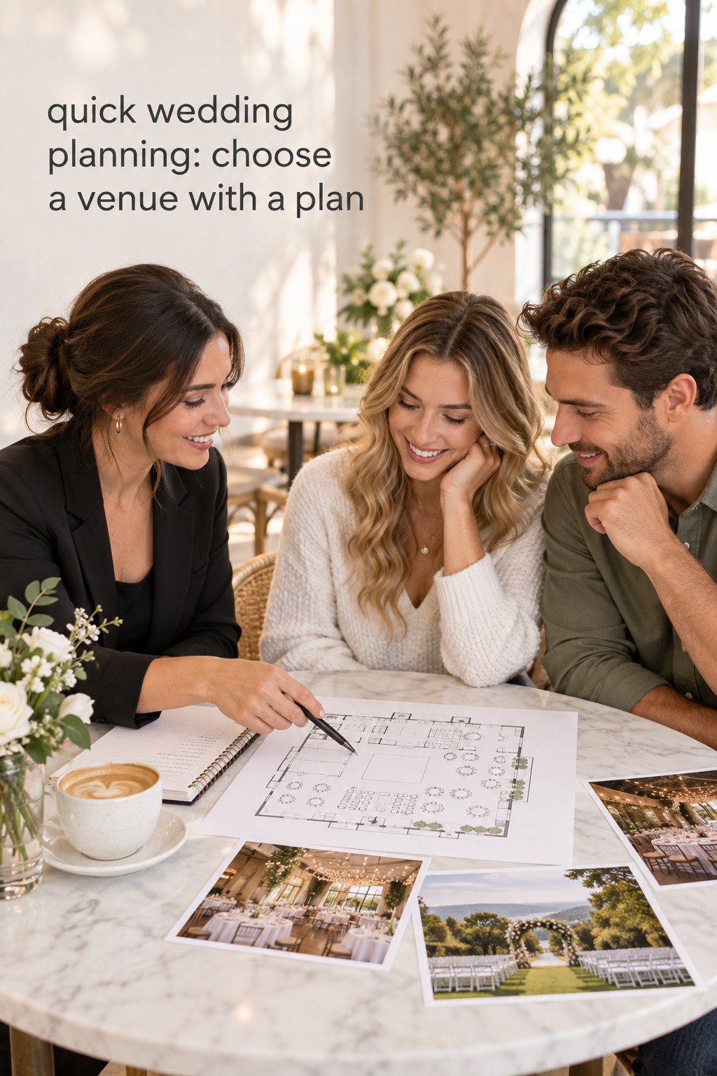 quick wedding planning with a couple and planner choosing a venue
