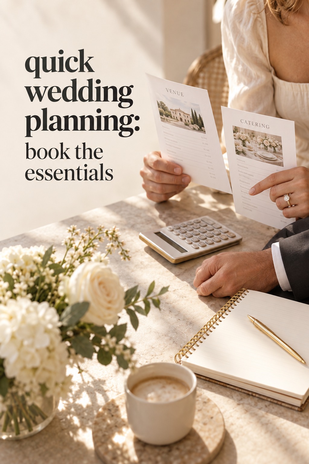 quick wedding planning as a couple reviews a budget and vendor options