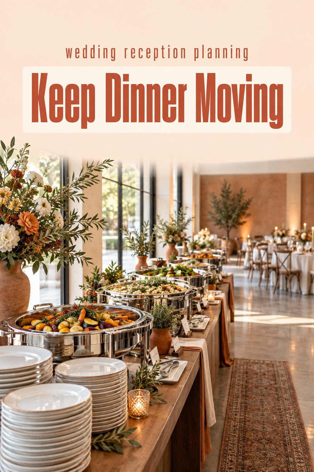 wedding reception planning buffet station with plates and clear aisle