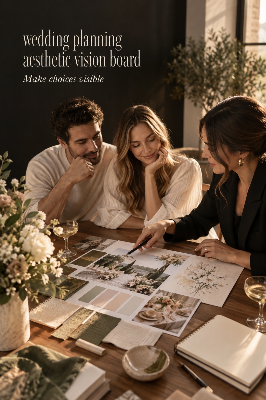 wedding planning aesthetic vision board reviewed with planner