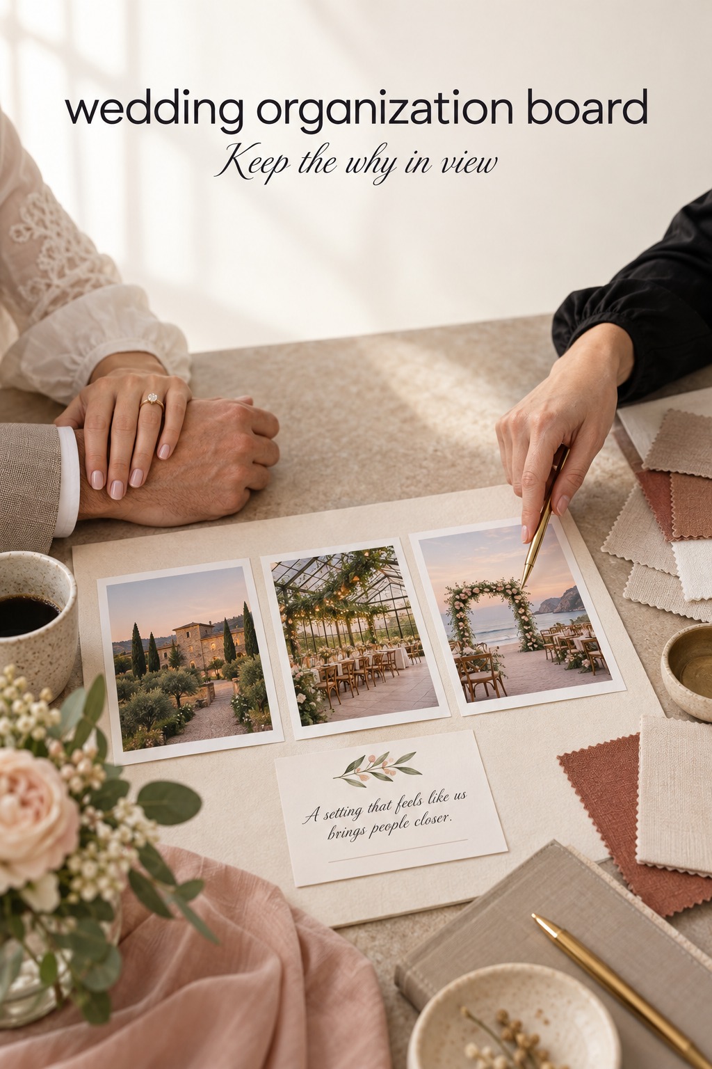 wedding organization board with venue choices and a written decision rationale