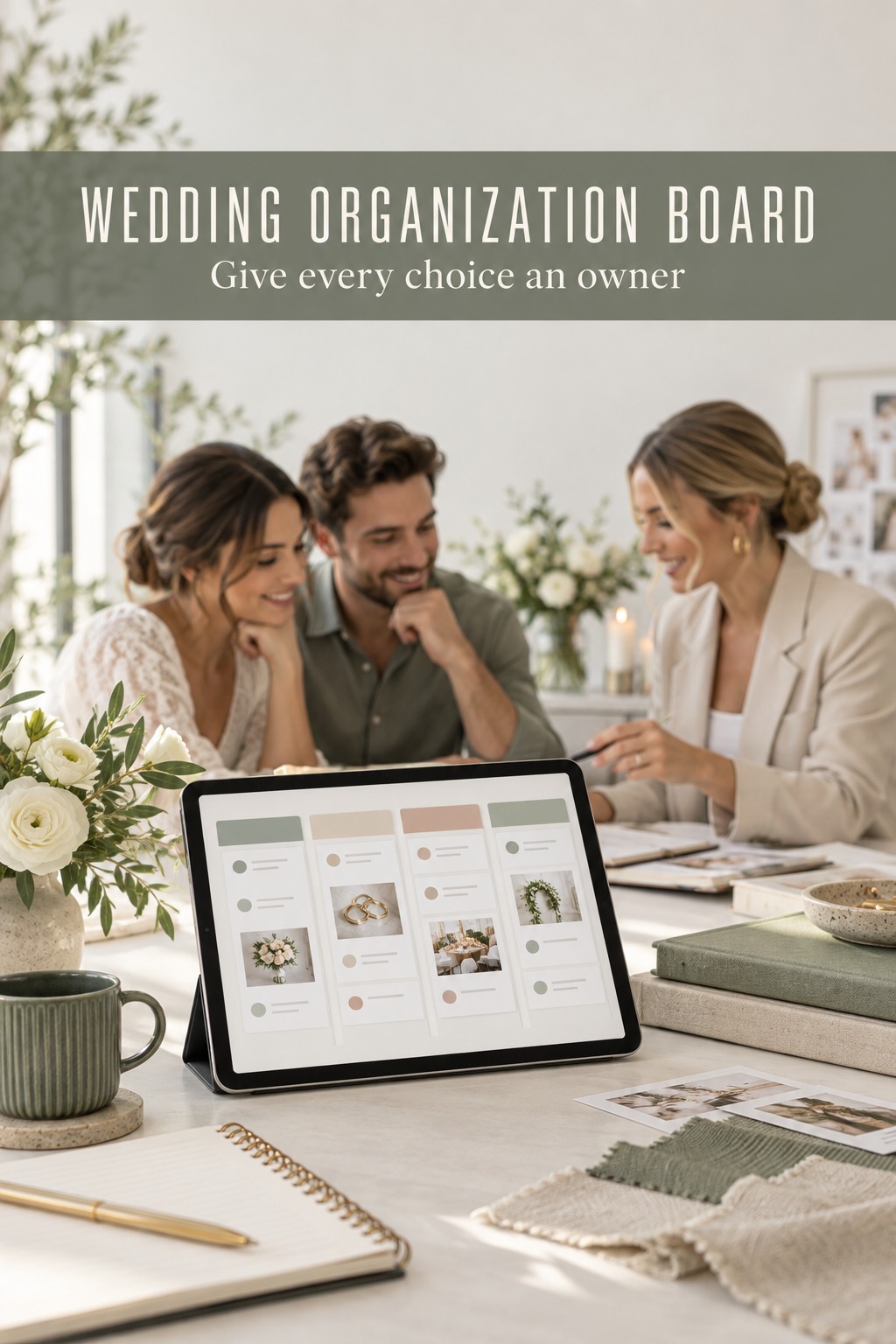 wedding organization board on a tablet as a couple and planner review decisions