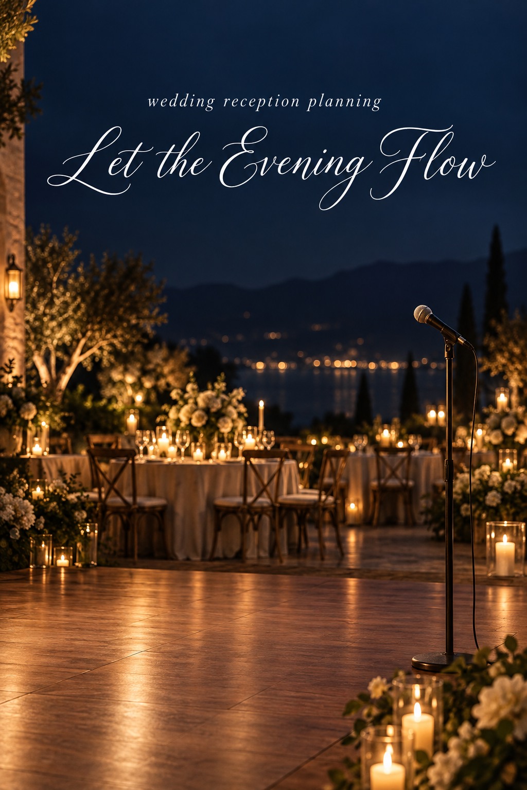 wedding reception planning microphone beside a candlelit dance floor