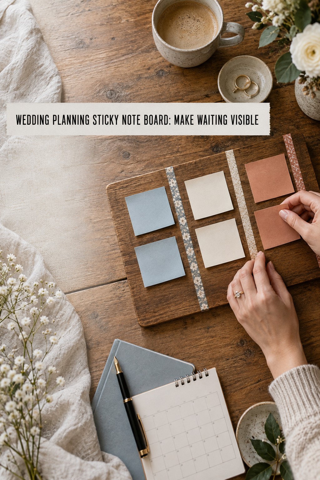 wedding planning sticky note board showing tasks that are waiting