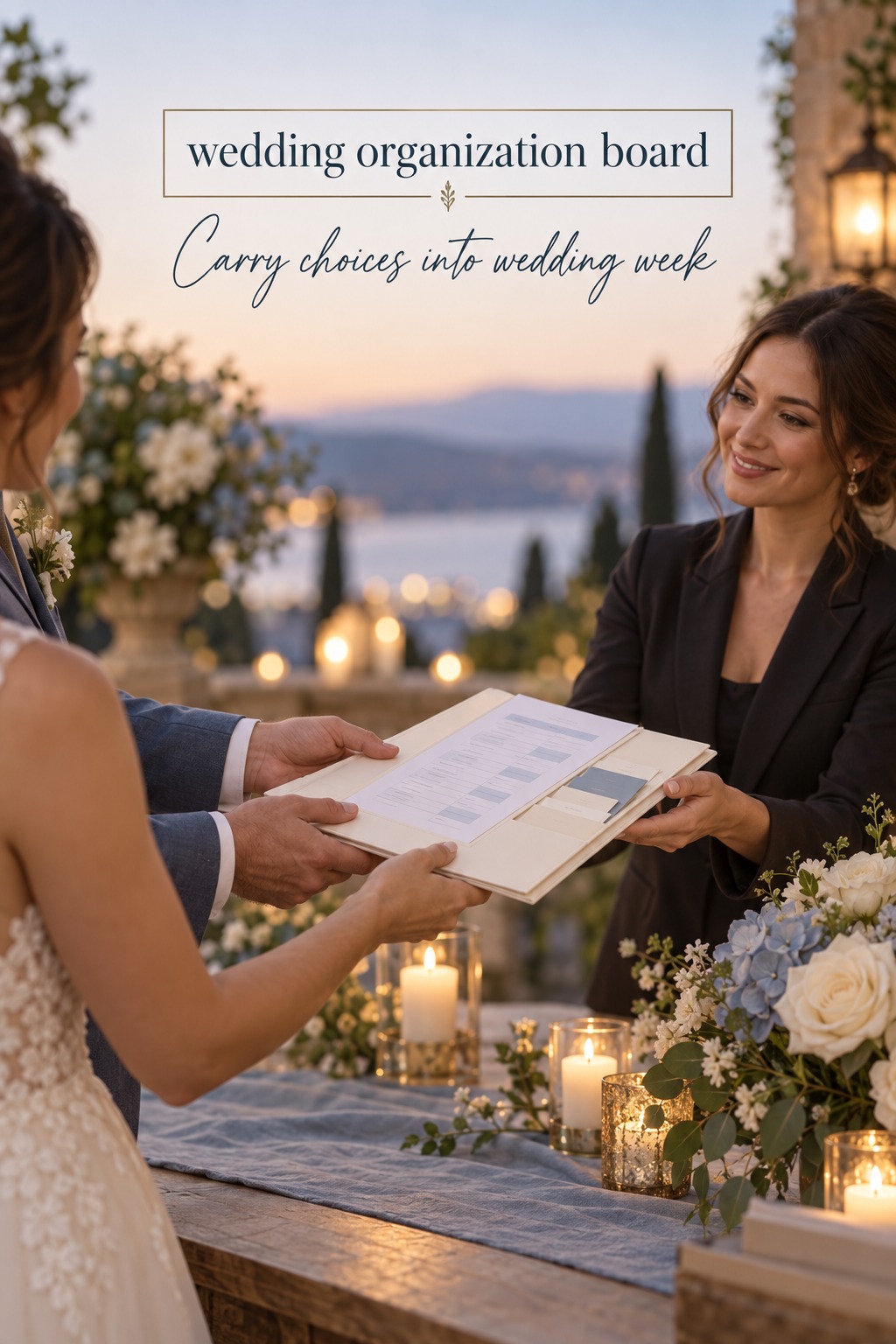 wedding organization board choices handed to a coordinator for wedding week