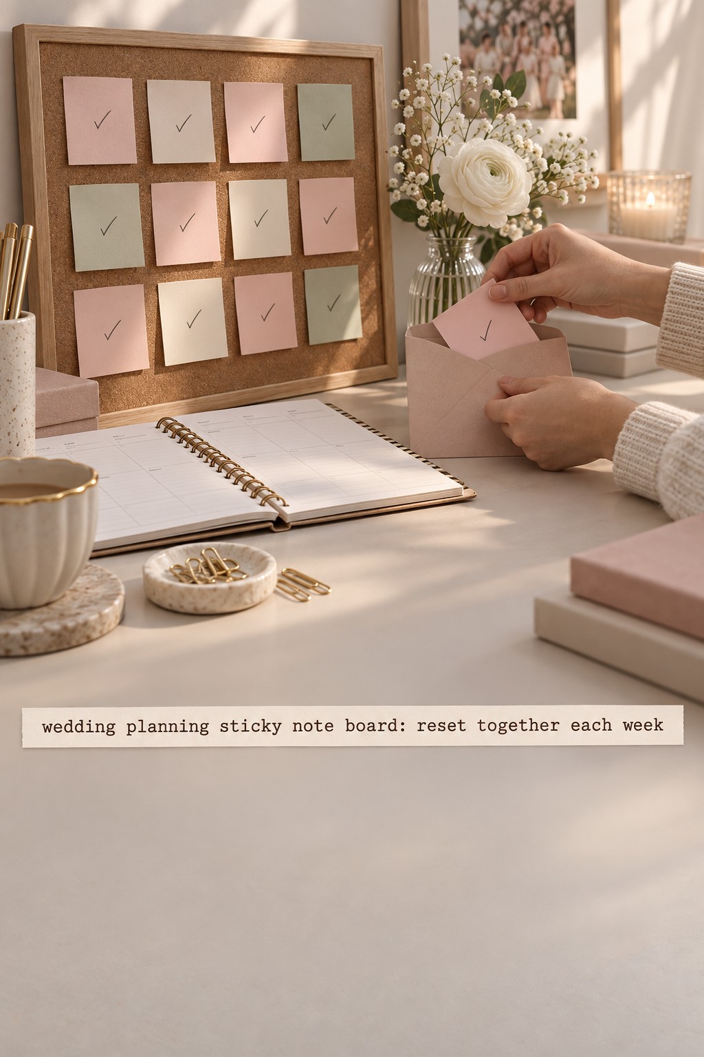 wedding planning sticky note board beside a calendar during weekly reset