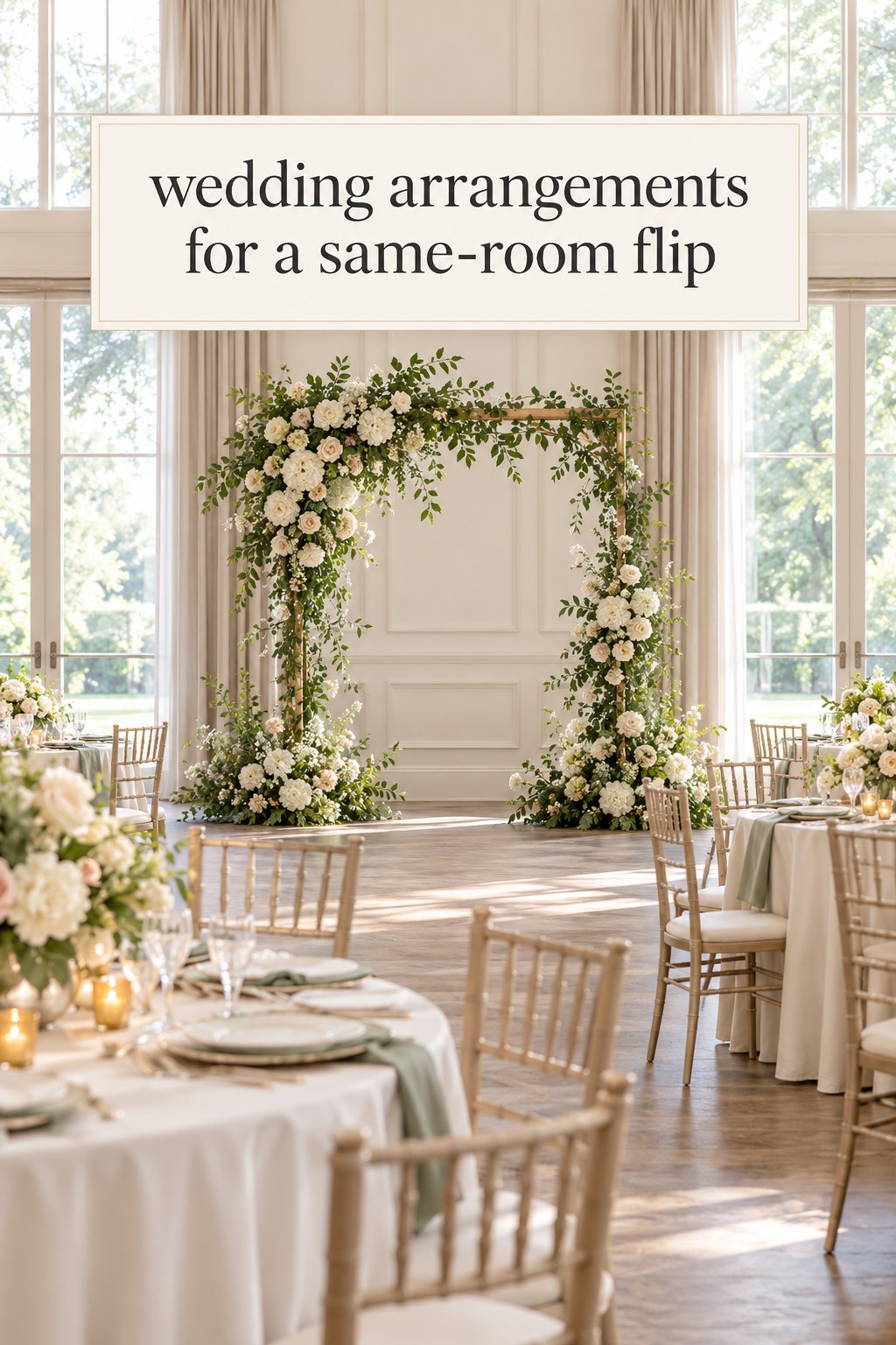 wedding arrangements framing a ceremony and reception in one room