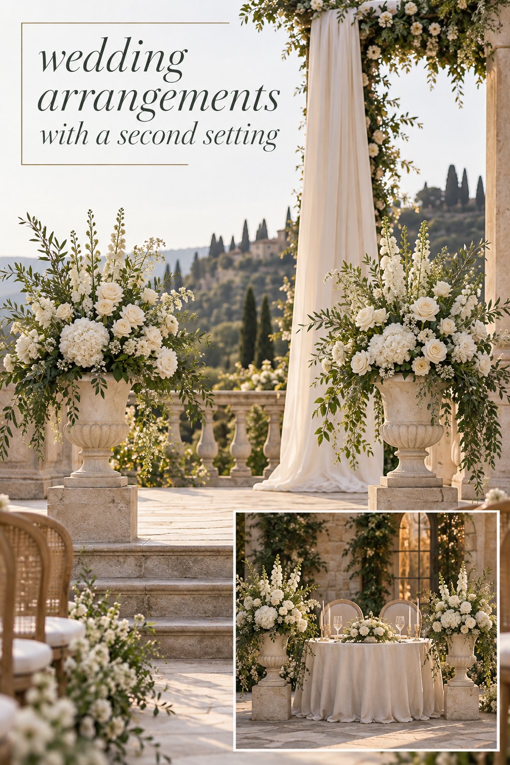 wedding arrangements with matching ceremony urns and reception table