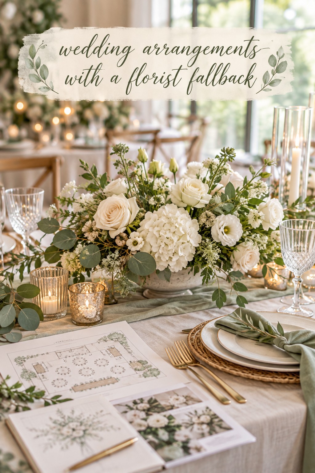 wedding arrangements and a florist plan with a reception fallback