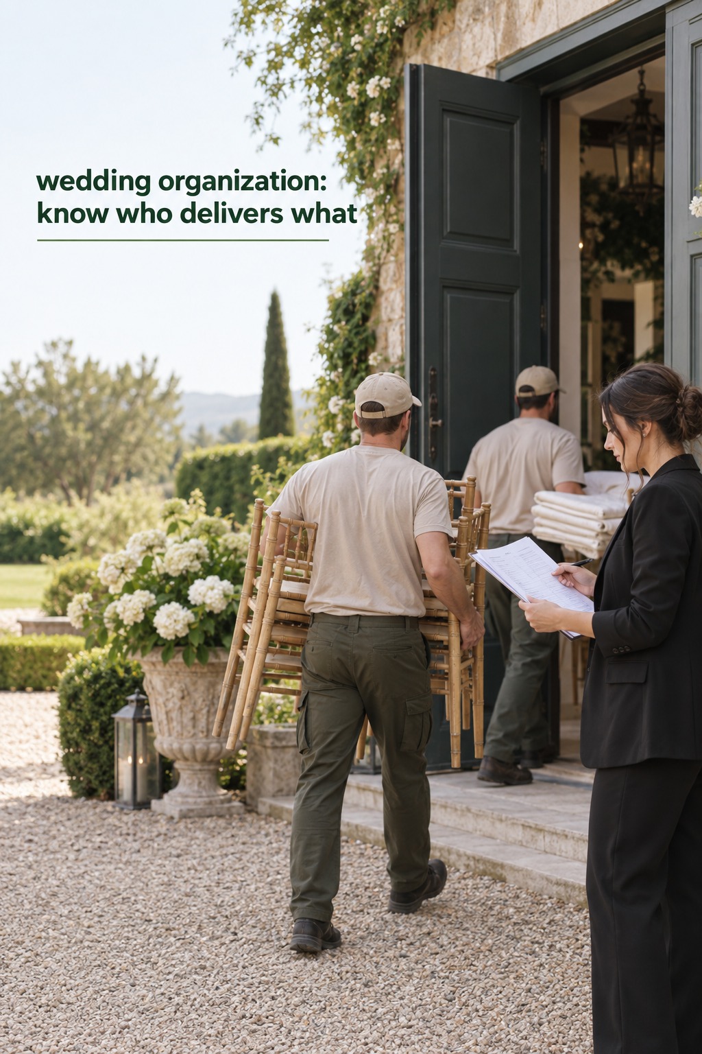 wedding organization delivery crew arriving at a venue with a coordinator
