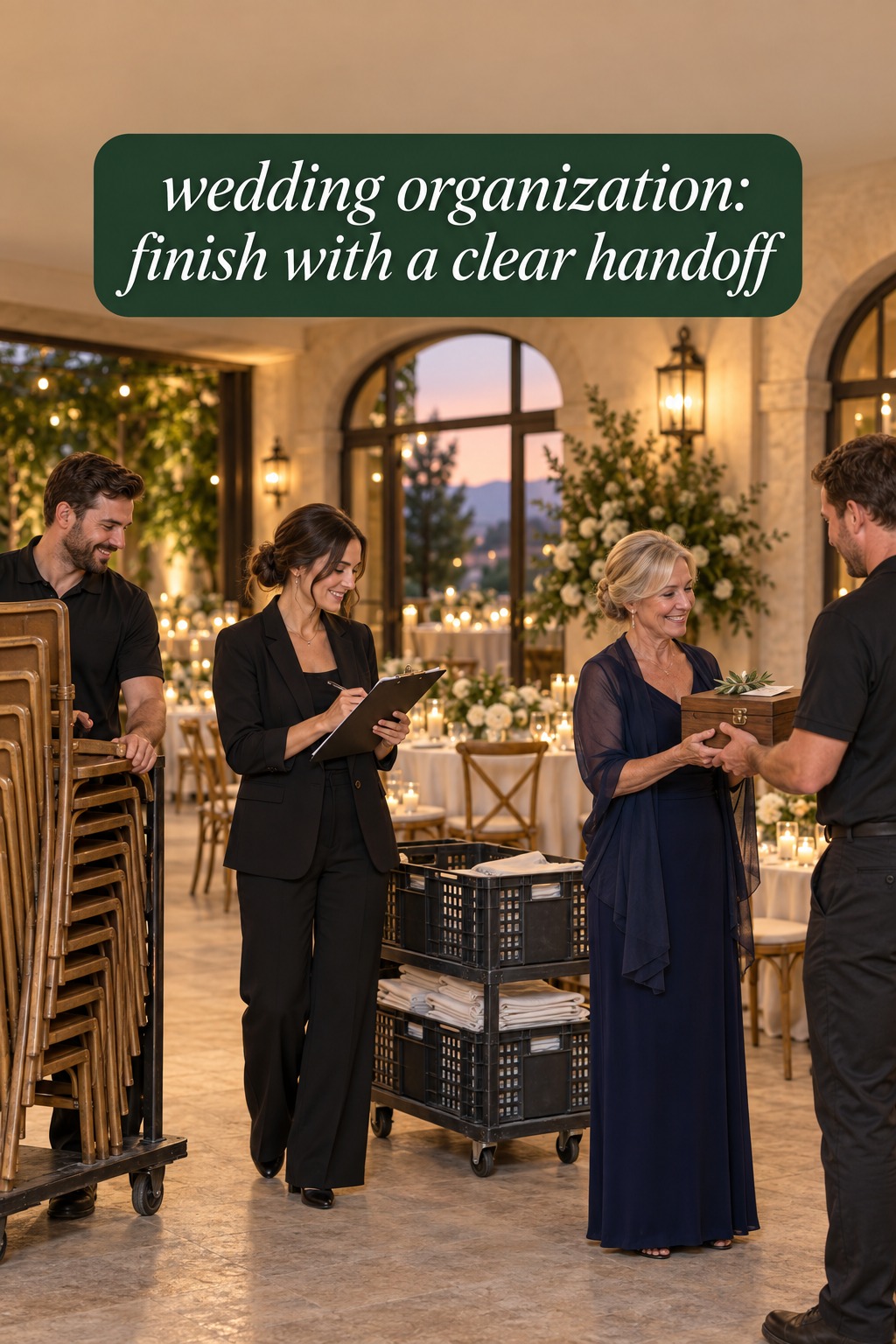 wedding organization handoff between a venue coordinator and rental lead