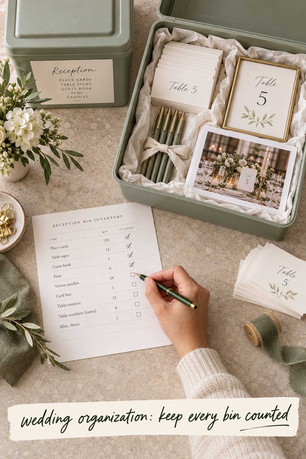 wedding organization inventory with a labeled reception kit and counted items