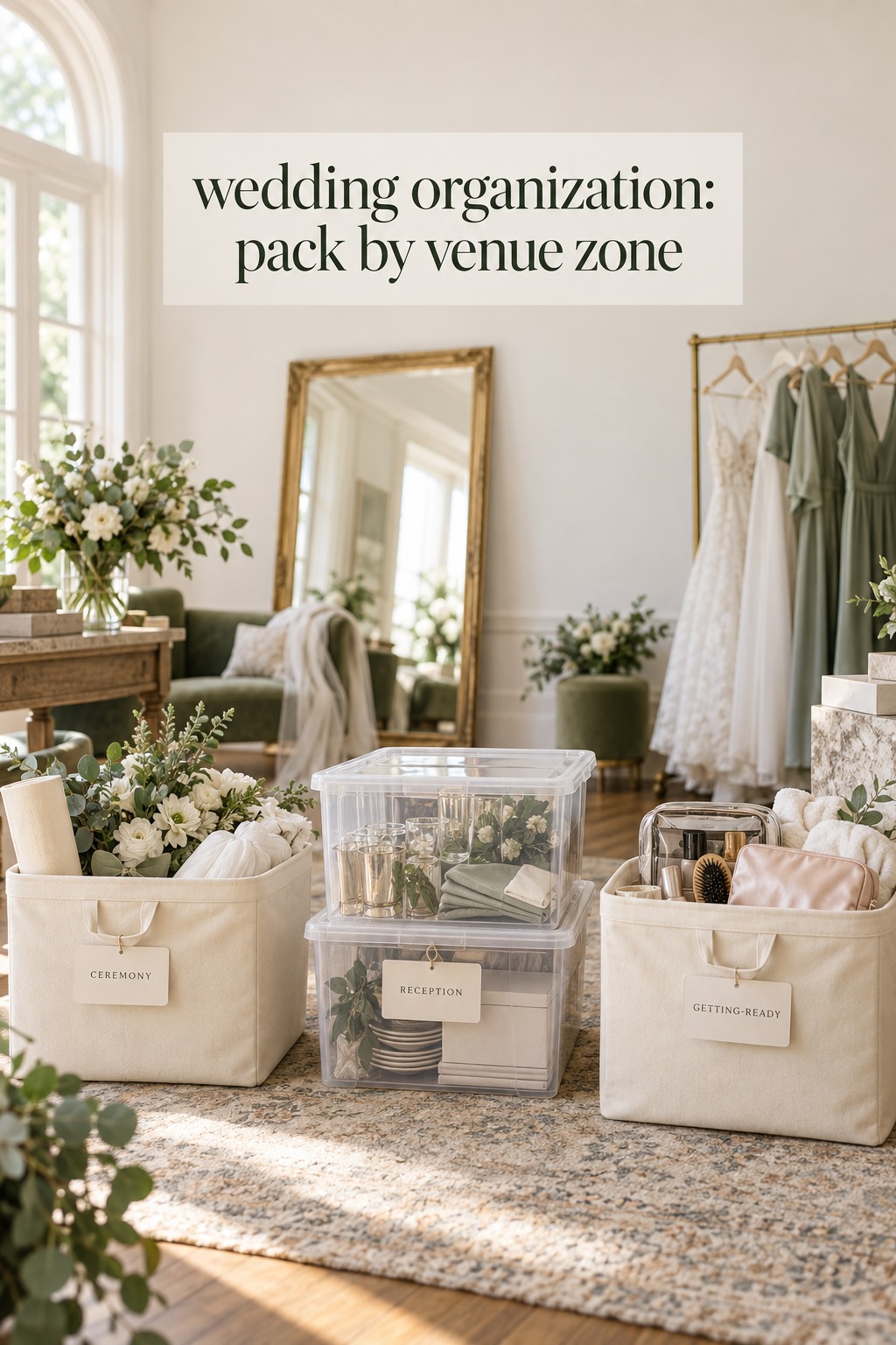 wedding organization bins grouped for ceremony, reception, and getting ready