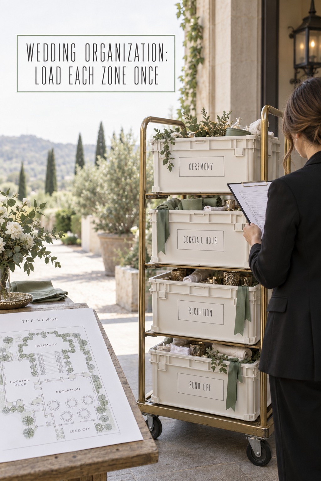 wedding organization crates arranged by venue zone beside a floor plan