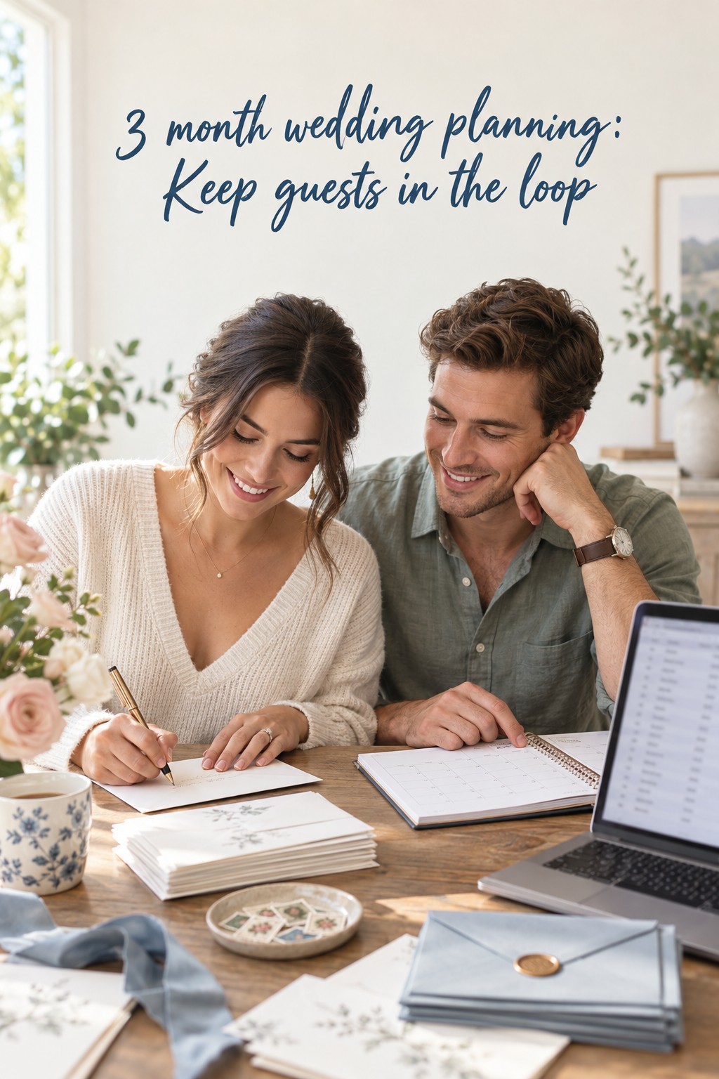 3 month wedding planning with a couple preparing guest invitations