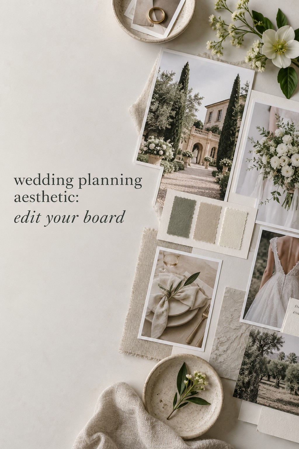 wedding planning aesthetic vision board with color swatches and fabric