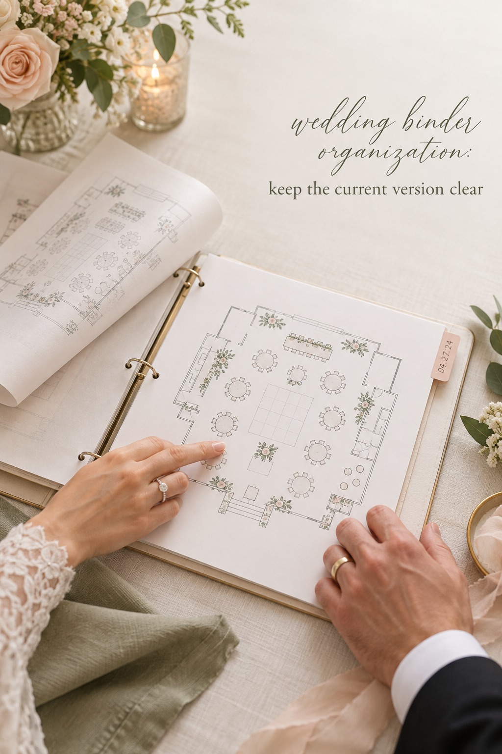 wedding binder organization showing a clearly marked current floor plan