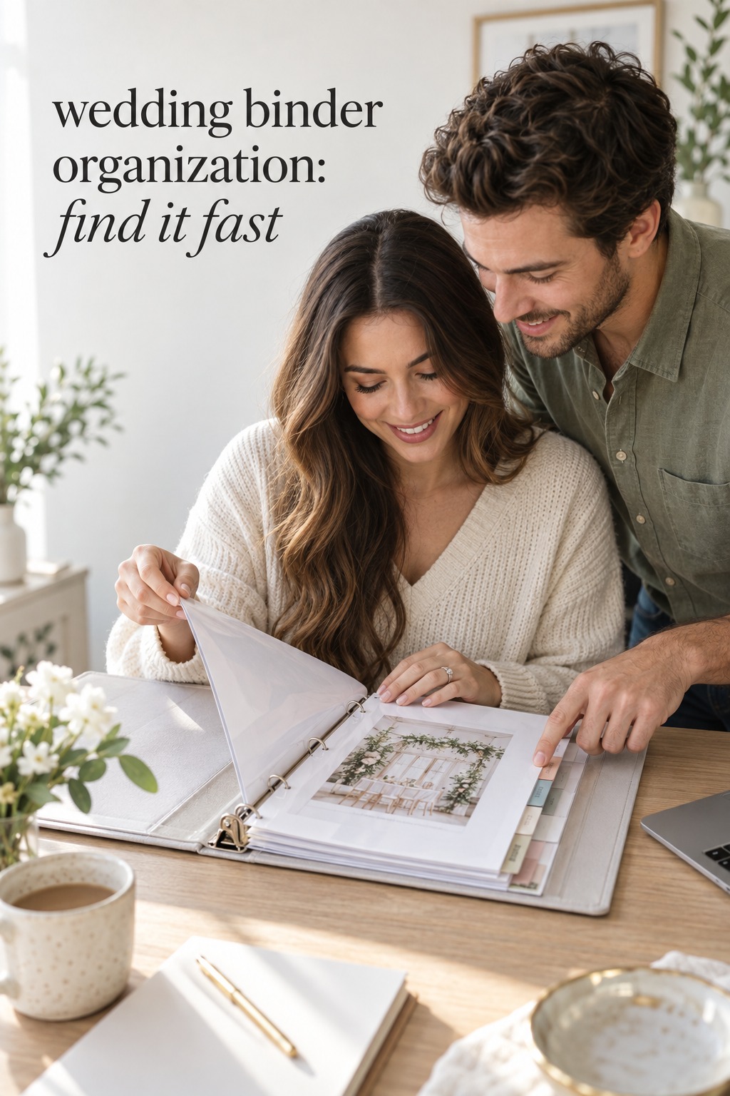 wedding binder organization with a couple using a clear index to find venue details