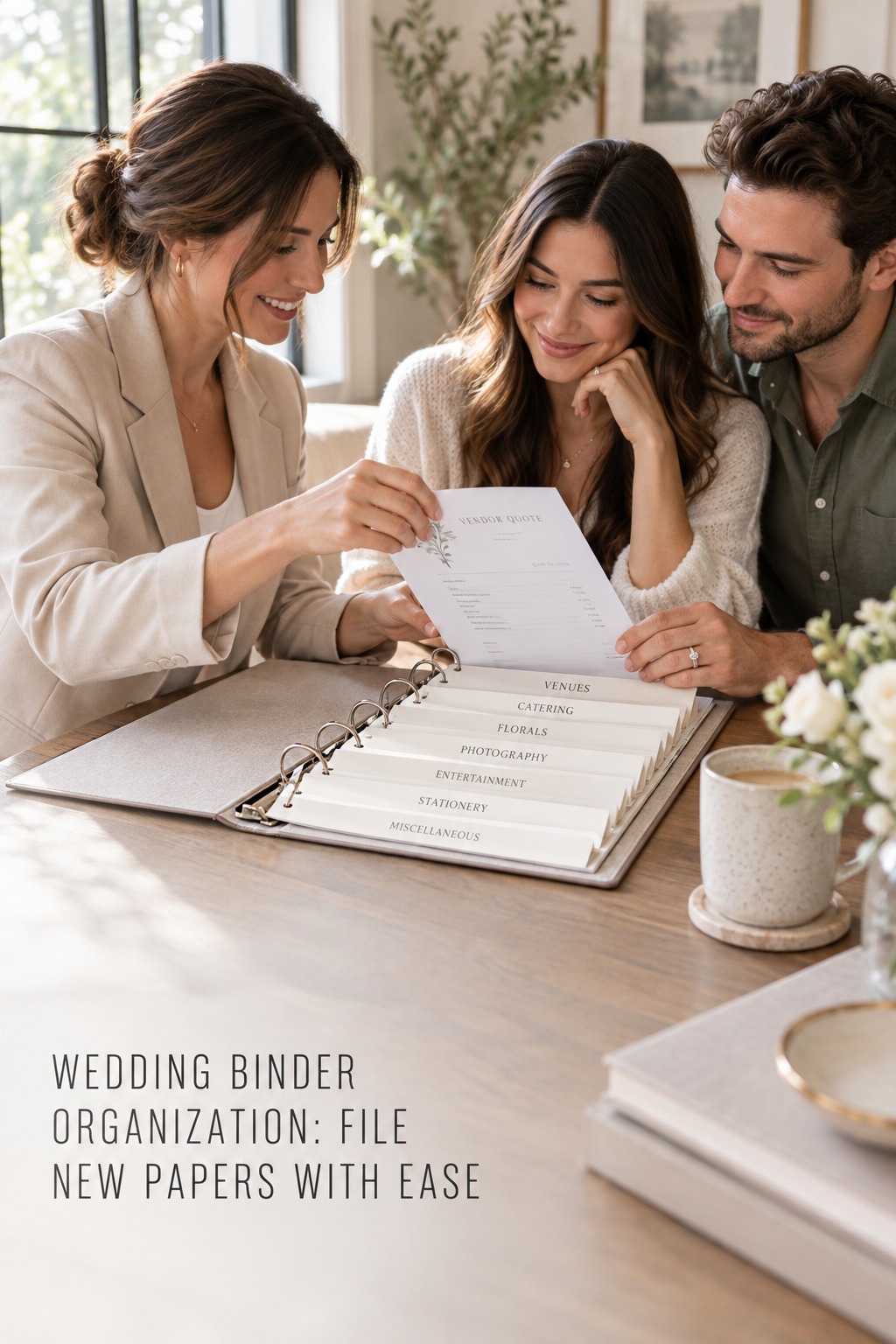 wedding binder organization as a couple files a new vendor quote