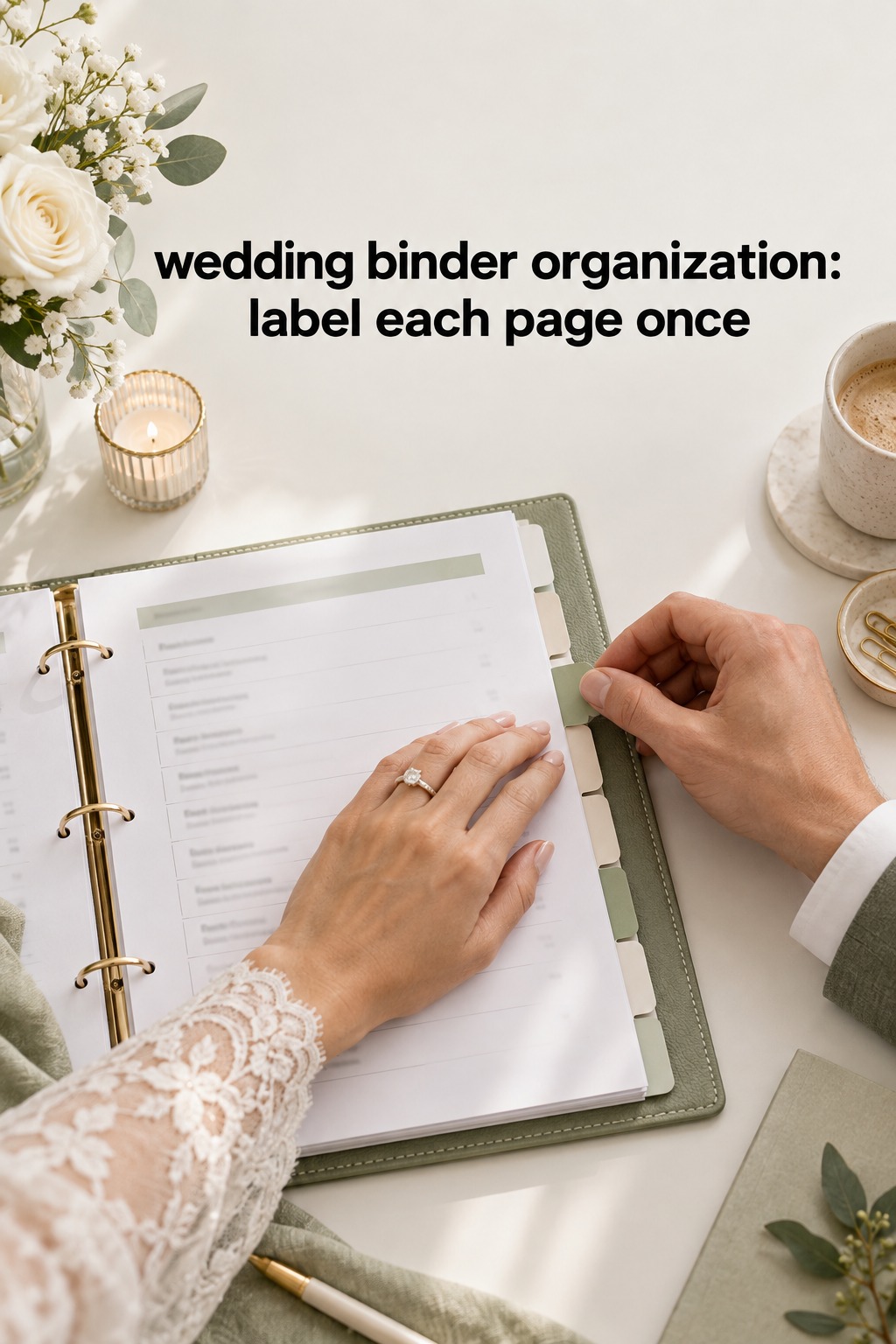 wedding binder organization with page codes and labeled tabs