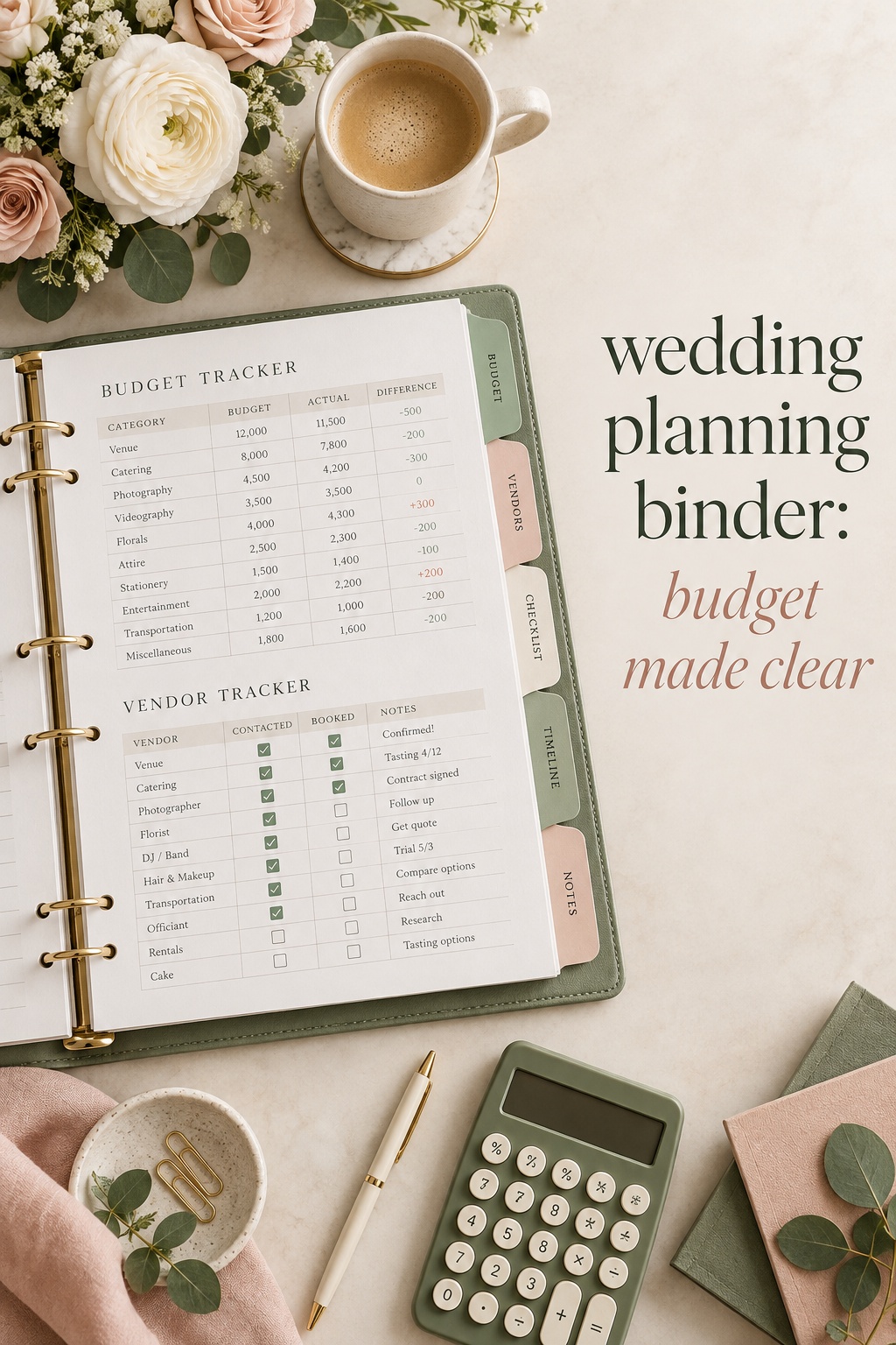 wedding planning binder budget and vendor tracker with organized tabs