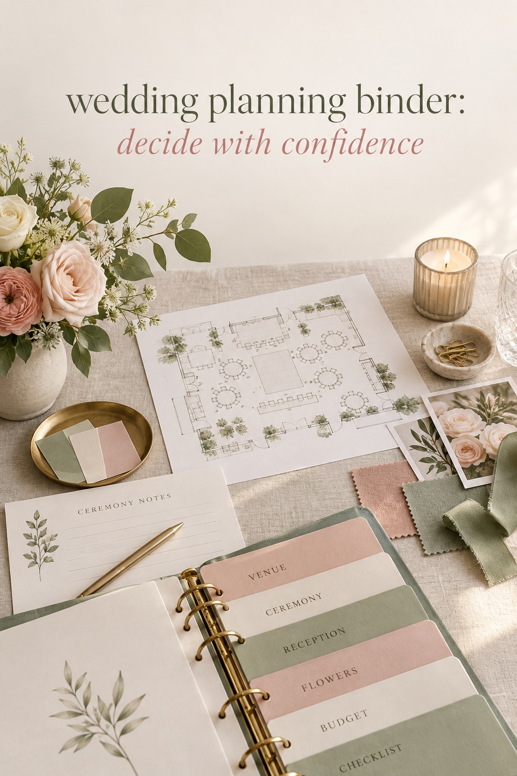 wedding planning binder with venue floor plan ceremony notes and fabric swatches