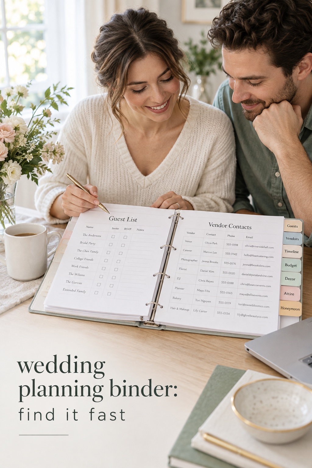 wedding planning binder guest list and vendor contacts reviewed by a couple