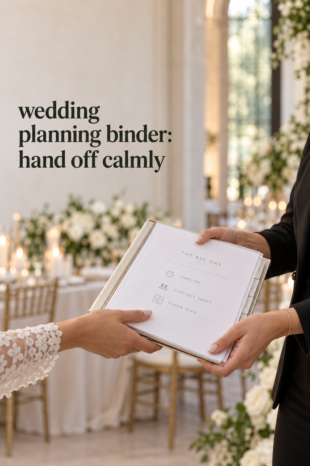 wedding planning binder handed from a couple to a wedding coordinator