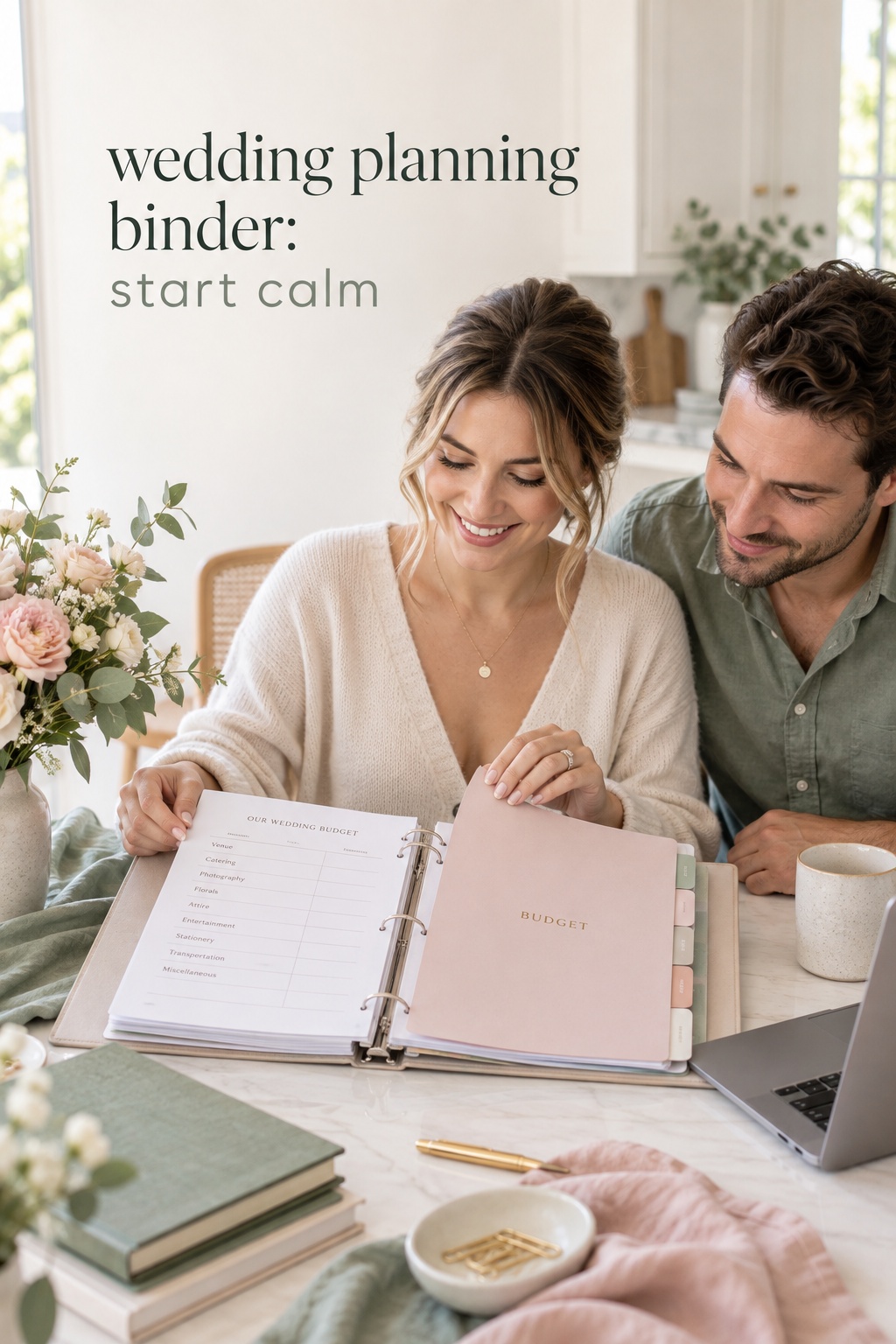 wedding planning binder with tabs and budget pages on a bright table
