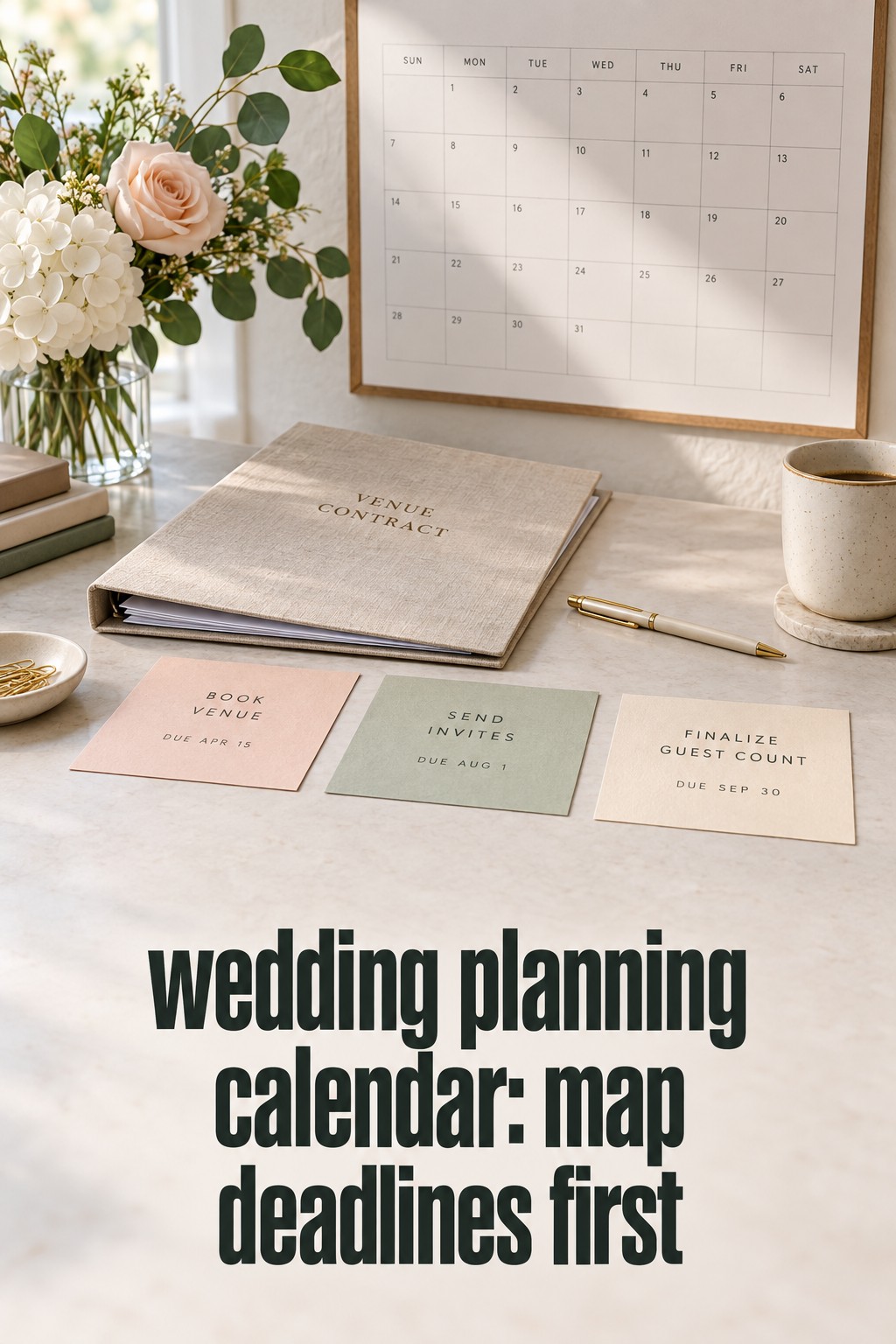 wedding planning calendar with venue contract and deadline cards
