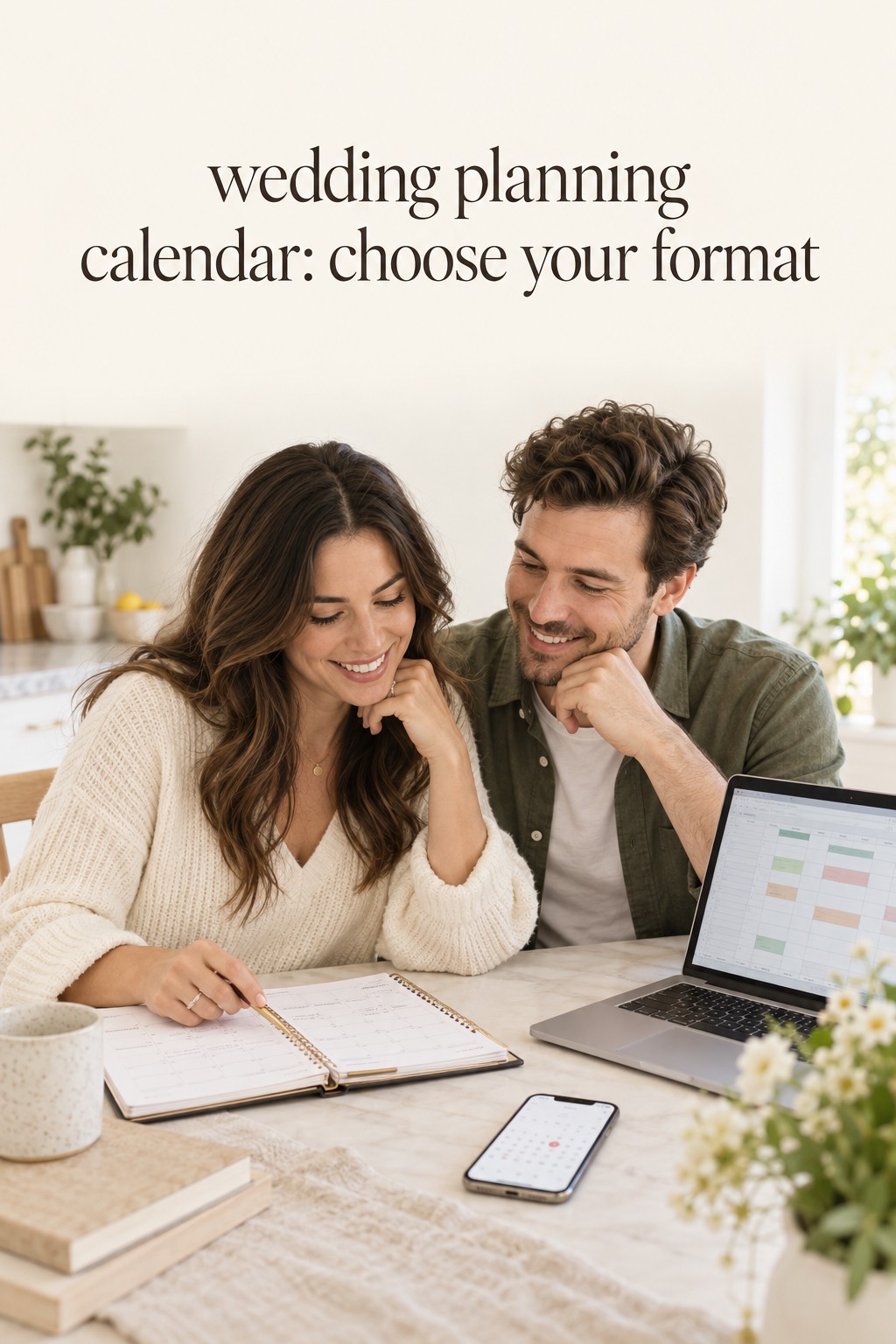 wedding planning calendar formats with paper planner, spreadsheet, and phone