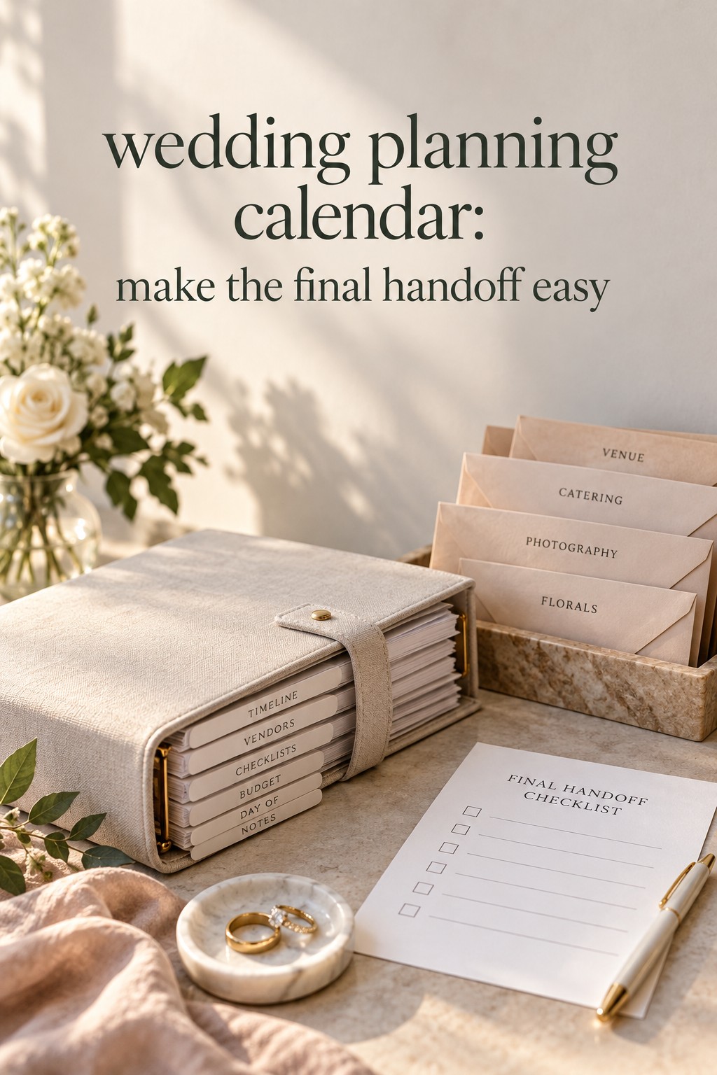 wedding planning calendar final handoff with vendor envelopes and binder