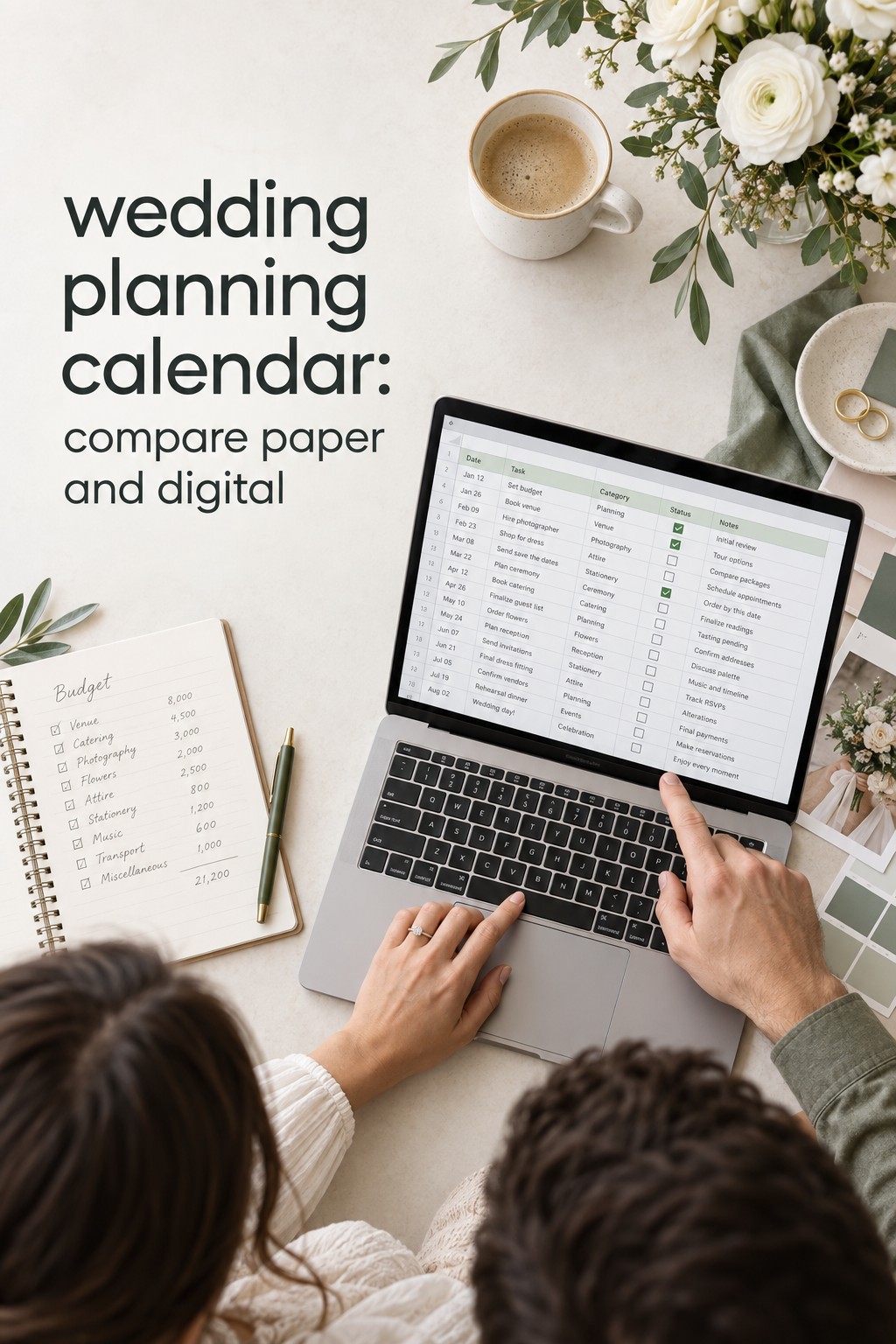 wedding planning calendar comparison with spreadsheet and paper notes