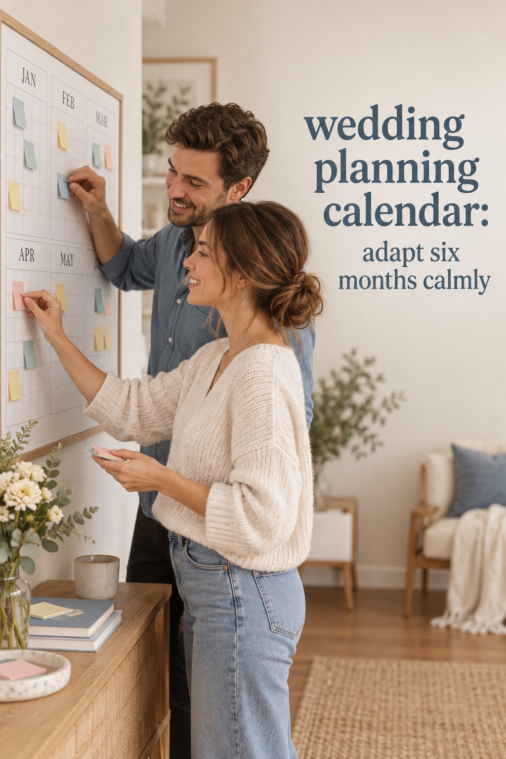 wedding planning calendar for six months with sticky notes