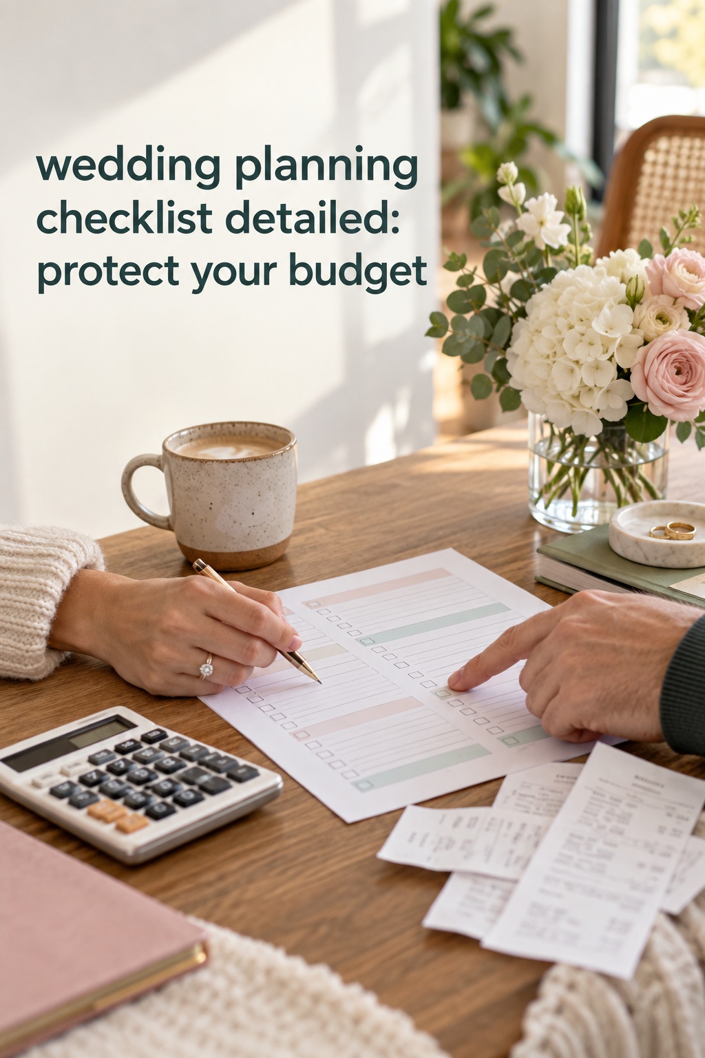 wedding planning checklist detailed with a couple reviewing budget priorities