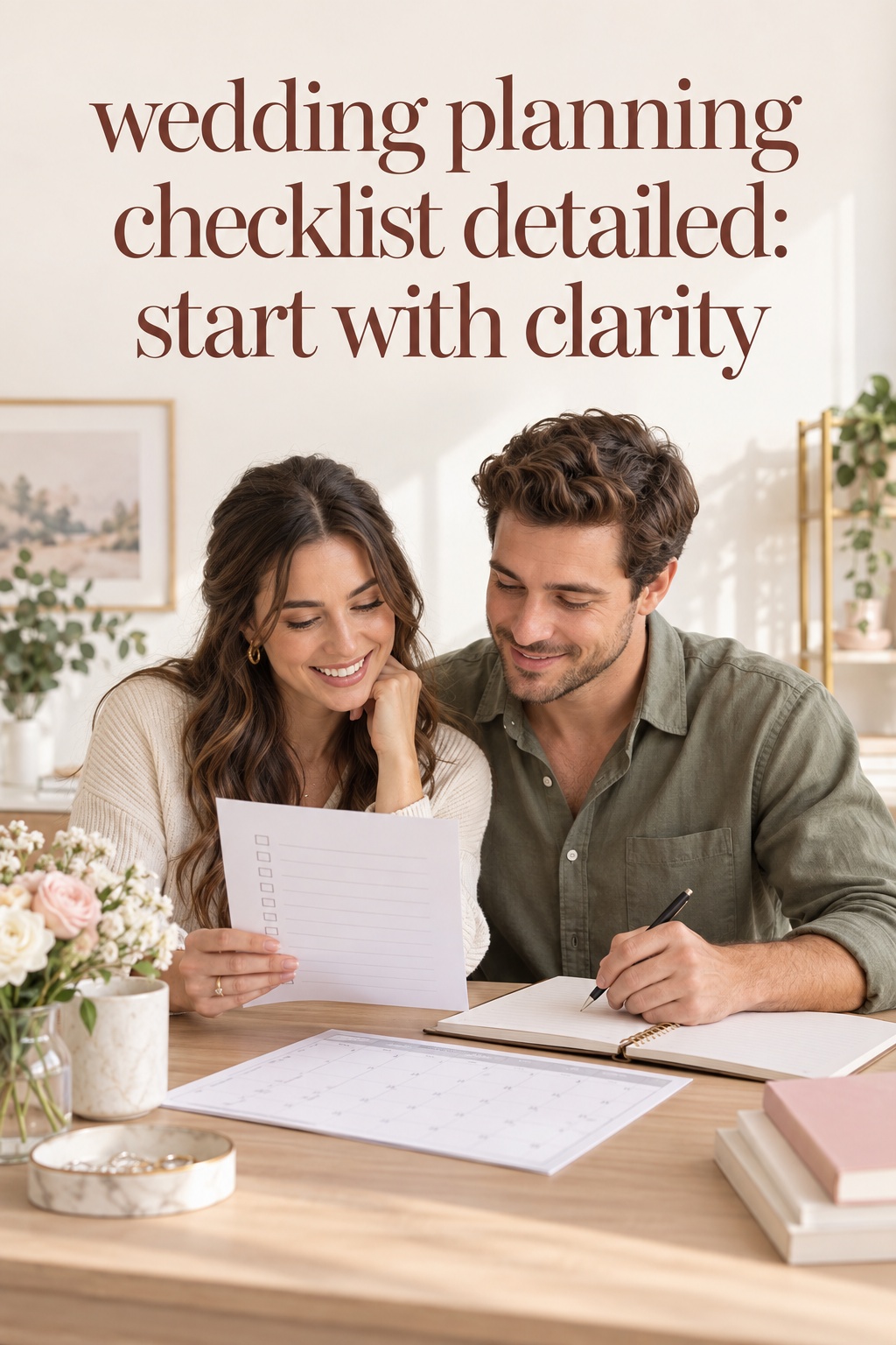 wedding planning checklist detailed with a couple starting from clear priorities