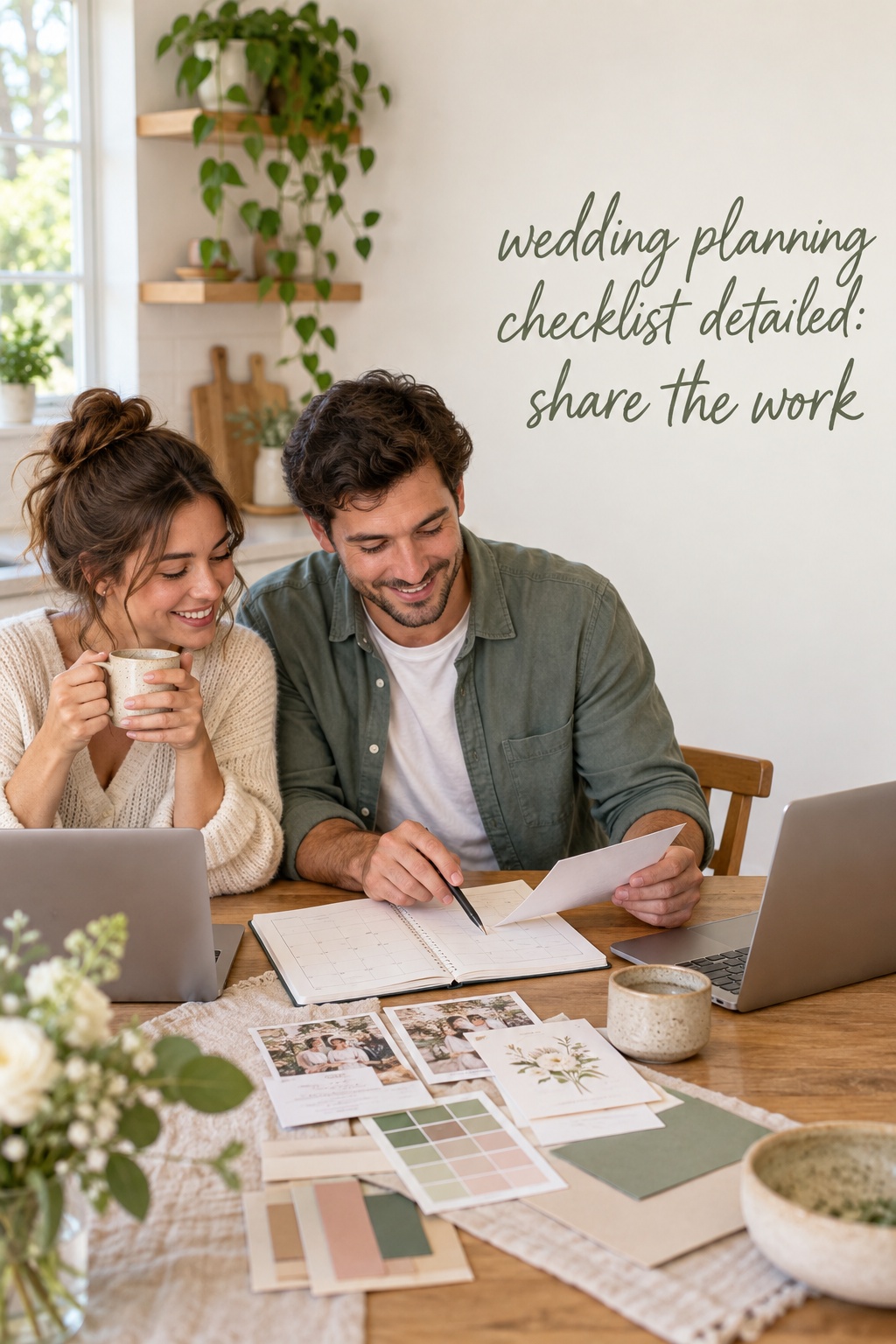 wedding planning checklist detailed with a couple sharing planning tasks